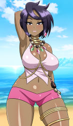 Rule 34 | 1girl, armpits, bare shoulders, black hair, blush, bracelet, breasts, closed mouth, collarbone, creatures (company), crop top, crystal, dark-skinned female, dark skin, earrings, female focus, game freak, green eyes, happy, highres, island kahuna, jewelry, large breasts, looking at viewer, midriff, navel, necklace, nintendo, olivia (pokemon), outdoors, pink shirt, pokemon, pokemon sm, purple shorts, shiny skin, shirt, short hair, short shorts, shorts, sleeveless, sleeveless shirt, smile, solo, standing, stomach, swept bangs, thighlet, yensh