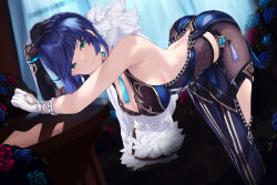 Rule 34 | 1girl, ass, asymmetrical gloves, bare shoulders, bent over, blue hair, breasts, cait aron, cleavage, closed mouth, clothing cutout, diagonal bangs, earrings, flower, genshin impact, gloves, green eyes, jewelry, large breasts, looking at viewer, mole, mole on breast, short hair, smile, solo, thigh cutout, thighs, white gloves, yelan (genshin impact)