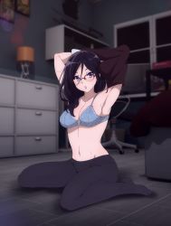 Rule 34 | 1girl, arms up, black hair, black pantyhose, blue bra, blue eyes, bra, breasts, chair, chest of drawers, cleavage, desk, desk lamp, female focus, full body, glasses, hair between eyes, hibike! euphonium, highres, indoors, katana, lamp, large breasts, looking at viewer, medium breasts, monitor, navel, no pants, office chair, on floor, open mouth, pantyhose, sbel02, shelf, sitting, solo, swivel chair, sword, taking off, tanaka asuka, underwear, undressing, wariza, wavy hair, weapon, window