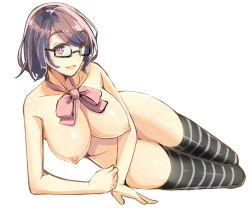 Rule 34 | 1girl, black thighhighs, blush, breasts, brown eyes, brown hair, glasses, large breasts, nipples, open mouth, original, q (a72pgc), short hair, simple background, smile, solo, thighhighs, white background