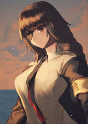 Rule 34 | 1girl, black jacket, breasts, brown eyes, brown hair, closed mouth, eyepatch, girls&#039; frontline, highres, jacket, long hair, long sleeves, looking at viewer, m16a1 (girls&#039; frontline), medium breasts, necktie, shirt, smile, solo, upper body, xanax025, yellow shirt