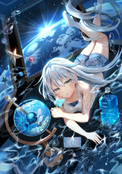 Rule 34 | 1girl, absurdres, bad id, bad pixiv id, bare arms, bare shoulders, blue nails, blue shorts, blue theme, bottle, breasts, fish, fishbowl, food, highres, holding, huge filesize, kouyafu, legs up, light rays, long hair, looking at viewer, lying, medium breasts, nail polish, on stomach, original, parted lips, planet, popsicle, shirt, short shorts, shorts, silver hair, sleeveless, sleeveless shirt, smoke, socks, solo, star (symbol), sunbeam, sunlight, thighs, very long hair, water bottle, white shirt, white socks, yellow eyes