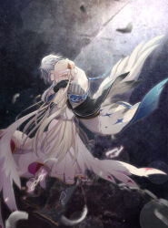 1boy 1girl 770_(mo70ot) ashley_dina blue_hair brown_eyes chain closed_eyes coat dress feathered_wings feathers highres hug long_hair loussier_ellerensia multicolored_hair shironeko_project streaked_hair very_long_hair white_coat white_dress white_hair wings