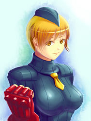 Rule 34 | 1990s (style), 1girl, blonde hair, breasts, capcom, clenched hand, fingerless gloves, garrison cap, gloves, hat, juni (street fighter), large breasts, leotard, necktie, retro artstyle, ryourou (edexigerero), short hair, street fighter, street fighter zero (series), upper body, yellow eyes