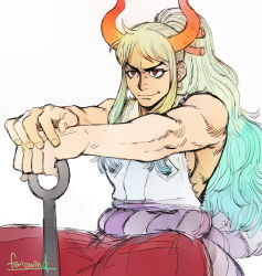 Rule 34 | &gt;:), 1girl, androgynous, armpits, arms up, artist name, bare arms, bare shoulders, blonde hair, breasts, closed mouth, club (weapon), curled horns, earrings, feriowind, fingernails, green hair, hair ornament, hair stick, hakama, hand on hand, high ponytail, horns, japanese clothes, jewelry, kimono, long hair, looking to the side, multicolored hair, multicolored horns, one piece, oni, orange horns, outstretched arms, own hands together, red eyes, red horns, sideboob, sidelocks, simple background, sitting, sketch, sleeveless, sleeveless kimono, smirk, solo, tomboy, toned, torn clothes, v-shaped eyebrows, very long hair, weapon, white background, yamato (one piece)