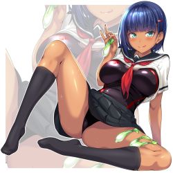 Rule 34 | 1girl, :q, arm support, black skirt, black socks, blue hair, blunt bangs, blush, bob cut, breasts, cage unlimited, closed mouth, clothes lift, competition swimsuit, condom, dark-skinned female, dark blue hair, dark skin, full body, green eyes, hair behind ear, hair ornament, hairclip, highres, holding, holding condom, kanagi haruka, knee up, kneehighs, large breasts, leaning back, looking at viewer, neckerchief, no shoes, one-piece swimsuit, original, pija (pianiishimo), pleated skirt, red neckerchief, sailor collar, school uniform, serafuku, shiny skin, shiny swimsuit, shirt, shirt lift, short hair, short sleeves, sitting, skirt, skirt lift, smile, socks, solo, spread legs, swimsuit, swimsuit under clothes, tan, tongue, tongue out, used condom, wet, wet hair, white background, white shirt
