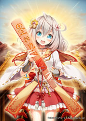 Rule 34 | 1girl, akkijin, amulet, blue eyes, flower, hair flower, hair ornament, japanese clothes, jewelry, looking at viewer, necklace, open mouth, rattle, shinkai no valkyrie, short hair, silver hair, smile, smiley face, solo