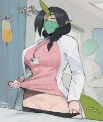 Rule 34 | 1girl, arbuz budesh, artist name, black panties, breasts, cleft of venus, clothes lift, clothes pull, coat, covered mouth, exhibitionism, flashing, hand on own hip, horns, hospital, huge breasts, indoors, looking at viewer, mask, monster girl, mouth mask, name tag, open clothes, open coat, original, panties, pants, pants pull, panty pull, pink skirt, pointy ears, pov, public indecency, pussy, shirt lift, single horn, skirt, solo focus, surgical mask, underwear, white coat, yellow eyes