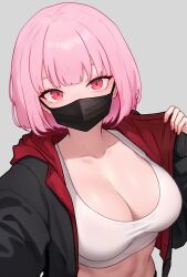 Rule 34 | 1girl, absurdres, alternate costume, alternate hair length, alternate hairstyle, bluefield, blunt bangs, blush, breasts, cleavage, commentary, english commentary, highres, hololive, hololive english, large breasts, looking at viewer, mask, mori calliope, mouth mask, pink eyes, pink hair, short hair, solo, tank top, virtual youtuber, white tank top