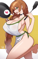 Rule 34 | 1girl, apron, bare hips, bare shoulders, barefoot, blush, braid, braided ponytail, breasts, brown hair, choker, cleavage, collarbone, commission, covered erect nipples, cowboy shot, earrings, from side, frying pan, green eyes, hair behind ear, hair between eyes, hands up, heart, highres, jewelry, large breasts, long bangs, long hair, looking at viewer, naked apron, open mouth, original, profile, psidubs, sideboob, signature, smile, solo, spatula, speech bubble, spoken heart, standing, standing on one leg, strap gap, very long hair, white apron