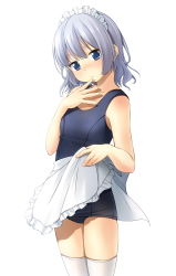 Rule 34 | 1girl, apron, bare arms, bare shoulders, black one-piece swimsuit, blue eyes, blush, closed mouth, collarbone, commentary request, frilled apron, frills, grey hair, hand up, head tilt, highres, maid headdress, old school swimsuit, one-piece swimsuit, original, school swimsuit, shibacha, simple background, solo, swimsuit, thighhighs, waist apron, white apron, white background, white thighhighs