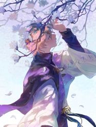 Rule 34 | 1boy, androgynous, branch, chain, character request, chinese commentary, commentary, commentary request, commission, flower, flower knot, from side, green eyes, hand up, highres, light brown hair, long sleeves, looking up, male focus, petals, profile, purple theme, shadow, short hair, shuitongyang, solo, symbol-only commentary, upper body, watermark, wavy hair, white flower, wide sleeves