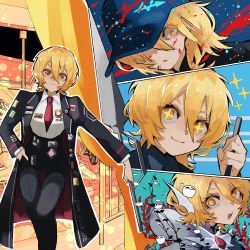 Rule 34 | + +, 1girl, black jacket, black pants, blonde hair, blood, blood on face, don quixote (project moon), highres, jacket, limbus company, nakame77, necktie, pants, project moon, red necktie, yellow eyes