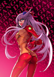 Rule 34 | 1girl, ass, blue eyes, bodysuit, butt crack, cosplay, cure moonlight, heartcatch precure!, highres, ishida akira, long hair, magical girl, md5 mismatch, multicolored clothes, neon genesis evangelion, open mouth, plugsuit, precure, purple hair, rebuild of evangelion, skin tight, solo, souryuu asuka langley (cosplay), test plugsuit, tsukikage yuri, very long hair