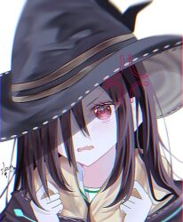 Rule 34 | 1girl, black hair, hair over one eye, hat, heaven burns red, jacket, long hair, long sleeves, match neco, open mouth, red eyes, solo, tenne miko, witch hat