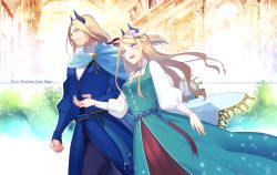 Rule 34 | 1boy, 1girl, blonde hair, blue cape, blue dress, blue eyes, blurry, blurry background, cape, clenched hand, copyright name, crise, dress, einar (pixiv fantasia last saga), facial hair, flower, fulda (pixiv fantasia last saga), hair flower, hair ornament, horns, open mouth, pixiv fantasia, pixiv fantasia last saga, pointy ears, smile, standing, yellow eyes
