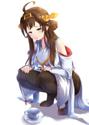 Rule 34 | 10s, 1girl, ahoge, amatelas, black pantyhose, blue eyes, blush, boots, breasts, brown hair, combat s-ko, cup, detached sleeves, full body, hair bun, half-closed eyes, headgear, highres, kantai collection, kongou (kancolle), lips, nontraditional miko, pantyhose, saucer, single hair bun, skirt, solo, teacup, thigh boots, thighhighs, white background