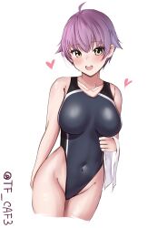 Rule 34 | 1girl, alternate costume, blue one-piece swimsuit, breasts, commentary request, cowboy shot, cropped legs, heart, highleg, highleg swimsuit, highres, kantai collection, large breasts, one-hour drawing challenge, one-piece swimsuit, open mouth, purple hair, sakawa (kancolle), short hair, simple background, smile, solo, swimsuit, tf cafe, towel, twitter username, white background, yellow eyes