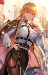 Rule 34 | 1girl, alcohol, bad id, bad pixiv id, belt, black pantyhose, blonde hair, breasts, capelet, cup, drinking glass, earrings, fate/grand order, fate/protoreplica, fate (series), genderswap, genderswap (mtf), gilgamesh-ko, gilgamesh (fate), hand on own hip, hand up, highres, holding, holding cup, indoors, jewelry, long hair, medium breasts, o-ring, pantyhose, petals, red eyes, rijjin, ring, shirt, skirt, smile, white shirt, wine, wine glass