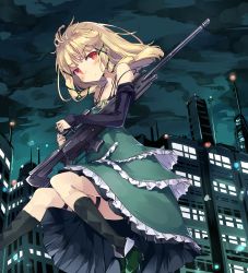 Rule 34 | 1girl, black bullet, blonde hair, blush, cloud, cloudy sky, detached sleeves, dress, frilled dress, frills, gun, h&amp;k psg1, hair ornament, highres, holding, holding gun, holding weapon, layered dress, long hair, looking at viewer, night, normaland, red eyes, rifle, sky, sleeveless, sleeveless dress, sniper rifle, solo, standing, tina sprout, weapon