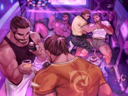 Rule 34 | 5boys, abs, alca (wakatanka4), animal ears, back, baimeme, bara, bare pectorals, beard, black hair, black shorts, black tank top, blush, bulge, character request, clothes lift, commission, couch, couple, cup, disco ball, dungeon and fighter, extra ears, facial hair, from above, glass, grey shorts, gyee, highres, holding, holding cup, holding microphone, large pectorals, lion boy, lion ears, lion tail, male focus, male priest (dungeon and fighter), mature male, microphone, multiple boys, muscular, muscular male, music, navel, navel hair, nipples, on couch, original, party, pectorals, selfie, shirt lift, short hair, short shorts, shorts, sideburns, singing, spread legs, stomach, tail, tank top, thick eyebrows, thick thighs, thighs, undercut, v, white shorts, yaoi