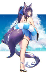 Rule 34 | 1girl, absurdly long hair, animal ear fluff, animal ears, back, bad id, bad pixiv id, bare shoulders, black footwear, black gloves, blue eyes, blue skirt, blue sky, blush, clothes lift, cloud, cloudy sky, commentary request, coyucom, day, fox ears, fox girl, fox tail, gloves, hair between eyes, high ponytail, innertube, large tail, long hair, looking at viewer, looking back, original, parted lips, pleated skirt, ponytail, purple hair, sandals, sidelocks, skirt, sky, solo, standing, swim ring, tail, very long hair