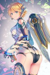 Rule 34 | 1girl, absurdres, anbe yoshirou, ass, bare shoulders, blonde hair, breasts, cyborg, fiora (xenoblade), from behind, gloves, green eyes, highres, leotard, looking at viewer, medium breasts, shiny clothes, shiny skin, short hair, sideboob, smile, solo, sword, thighhighs, weapon, wings, xenoblade chronicles (series), xenoblade chronicles 1