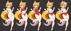 Rule 34 | 1girl, abysswatchers, animal ear fluff, animal ears, arms up, barefoot, bikini, blonde hair, breasts, cleft of venus, commission, completely nude, fang, fox ears, fox girl, fox tail, full body, gluteal fold, grey background, groin, hat, highres, looking at viewer, medium breasts, midriff, navel, nipples, nude, one-piece swimsuit, pussy, red bikini, ribbon-trimmed clothes, ribbon trim, senko (sewayaki kitsune no senko-san), sewayaki kitsune no senko-san, short hair, skin fang, solo, straw hat, swimsuit, tail, thigh gap, variations, yellow eyes