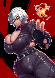 Rule 34 | 1girl, absurdres, belt, black gloves, breasts, cleavage, cleavage cutout, clothing cutout, commission, fingerless gloves, fire, genderswap, genderswap (mtf), gloves, highres, jumpsuit, k&#039; (kof), large breasts, parted lips, short hair, skeb commission, skindentation, solo, sunglasses, tan, the king of fighters, tukiwani, white hair, zipper pull tab