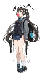 Rule 34 | 1girl, absurdres, antenna hair, arms at sides, backpack, bag, black footwear, black hair, black sweater, blue necktie, breasts, blowing bubbles, cable, collared shirt, dual wielding, ear piercing, full body, glint, grey sweater, gun, handgun, highres, holding, holding gun, holding weapon, jacket, long hair, long sleeves, looking at viewer, loose socks, medium breasts, mole, mole on neck, multicolored eyes, multicolored hair, necktie, open clothes, open jacket, original, piercing, shirt, shoes, simple background, socks, solo, standing, streaked hair, suppressor, sweater, tonki, twintails, weapon, white background, white shirt, white socks, wireless earphones