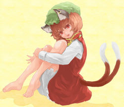 Rule 34 | 1girl, animal ears, barefoot, bloomers, brown hair, cat ears, cat girl, cat tail, chen, earrings, female focus, hat, jewelry, knees up, ma nyan (nyao mao nyao), multiple tails, nail polish, red eyes, short hair, single earring, sitting, smile, solo, tail, touhou, underwear