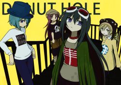Rule 34 | 4girls, against railing, akemi homura, arm support, beanie, beret, black hair, black shirt, blonde hair, blue hair, blue pants, boots, copyright name, cosplay, crossover, donut hole (vocaloid), dress, drill hair, goggles, goggles on head, green jacket, grey shirt, gumi, gumi (cosplay), hat, hatsune miku, hatsune miku (cosplay), head tilt, jacket, jewelry, kagamine rin, kagamine rin (cosplay), long hair, long sleeves, looking away, mahou shoujo madoka magica, mahou shoujo madoka magica (anime), megurine luka, megurine luka (cosplay), miki sayaka, multiple girls, necklace, pants, parted lips, pearl necklace, pokki (sue eus), purple eyes, railing, red eyes, red hair, sakura kyoko, shirt, short hair, simple background, stairs, tomoe mami, top hat, twin drills, vocaloid, white shirt, yellow background, yellow dress, yellow eyes