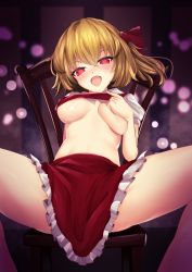 Rule 34 | 1girl, bare legs, blonde hair, breasts, chair, clothes lift, fang, flandre scarlet, frilled skirt, frills, hair ribbon, head tilt, heart, heart-shaped pupils, highres, lifted by self, looking at viewer, medium breasts, no bra, open mouth, puffy short sleeves, puffy sleeves, red eyes, red ribbon, red skirt, ribbon, short sleeves, sinkai, sitting, skirt, skirt set, smile, solo, spread legs, symbol-shaped pupils, touhou, underboob, vest
