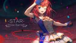 Rule 34 | 1girl, ;d, arm up, blue eyes, blue gloves, breasts, commentary request, confetti, copyright request, dress, english text, gloves, highres, holding, holding microphone, ji dao ji, layered dress, long hair, medium breasts, microphone, one eye closed, open mouth, pleated dress, red hair, short sleeves, smile, solo, teeth, upper teeth only, virtual youtuber, white dress