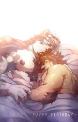 Rule 34 | 2boys, abs, ainu clothes, animal ears, bara, bed sheet, blush, chest hair, couple, face to pecs, furry, furry male, furry with furry, grey fur, grey hair, happy birthday, headband, highres, horkeu kamui, large pectorals, light particles, lion boy, lion ears, lying, male focus, multiple boys, muscular, muscular male, naked sheet, nipples, on bed, on side, original, pectorals, rossciaco, short hair, sleeping, sleeping on person, smile, tail, tokyo houkago summoners, two-tone fur, upper body, white fur, wolf boy, wolf ears, wolf tail, yaoi, yellow eyes