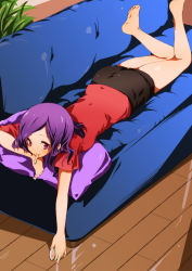 Rule 34 | 00s, 1girl, bad id, bad pixiv id, barefoot, blue upholstery, couch, eyelashes, feet, food, fresh precure!, higashi setsuna, highres, ice cream, legs, lying, mouth hold, nishiuri warito, on stomach, pillow, precure, purple hair, smile, solo