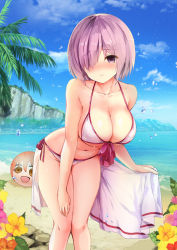 Rule 34 | 1girl, adapted costume, ball, bare arms, bare shoulders, beach, beachball, bikini, blush, breasts, cleavage, cloud, cloudy sky, day, fate/grand order, fate (series), flower, front-tie top, fujimaru ritsuka (female), hair over one eye, halterneck, halterneck, hand on own thigh, holding, holding towel, knees together feet apart, large breasts, leaning forward, mafuyu (kanden shoujyo), mash kyrielight, mash kyrielight (swimsuit of perpetual summer), navel, nose blush, objectification, ocean, official alternate costume, outdoors, palm tree, purple eyes, purple hair, short hair, side-tie bikini bottom, sky, solo, standing, swimsuit, towel, tree, water drop, white bikini