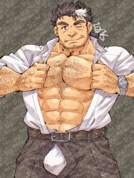 1boy bara bare_pectorals bulge chest_hair cigarette facial_hair hairy hand_hair highres large_pectorals looking_at_viewer male_focus mature_male mononobe_kyoma muscular muscular_male navel_hair one_eye_closed open_pants opened_by_self pants pectorals presenting_pectorals seductive_smile shirako_(kirupi) short_hair smile solo strongman_waist stubble superman_exposure thick_arm_hair thick_eyebrows tokyo_houkago_summoners too_many_watermarks unzipped very_hairy watch watermark wristwatch