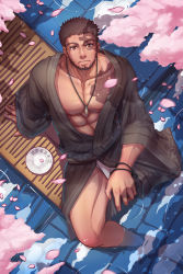Rule 34 | 1boy, abs, bandages, bara, belt, biceps, bracelet, brown hair, cherry blossoms, dark-skinned male, dark skin, dungeon and fighter, facial hair, fundoshi, highres, japanese clothes, jewelry, kimono, kulolin, looking at viewer, looking up, male focus, male underwear, manly, mature male, muscular, muscular male, necklace, nipples, pectorals, petals, plate, red eyes, scar, scar on face, serious, sitting, solo, spiked hair, stubble, thighs, topless male, underwear, water, wooden floor, yukata