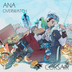 Rule 34 | 1girl, ana (overwatch), anchor symbol, animal, animal on shoulder, bird, bird on shoulder, blue eyes, boots, braid, breasts, cape, corky, corsair ana, corset, cup, dark-skinned female, dark skin, eye of horus, eyepatch, facial tattoo, full body, hair over shoulder, headband, jewelry, long hair, medium breasts, official alternate costume, one-eyed, overwatch, overwatch 1, parrot, pirate, reclining, ring, silver hair, single braid, sitting, solo, tattoo, teacup, treasure, treasure chest