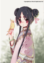 Rule 34 | 1girl, animal, bird, bird on hand, blush, bracelet, braid, canary, copyright notice, copyright request, eyelashes, from side, holding, holding animal, japanese clothes, jewelry, looking at viewer, mia0309, original, twin braids