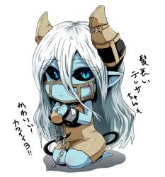 Rule 34 | 1girl, aqua eyes, black sclera, breasts, chain, chibi, collar, colored sclera, commentary request, cuffs, demon girl, demon horns, hair between eyes, horns, houshi, key, large breasts, metal collar, monochrome, musuko ga kawaikute shikatanai mazoku no hahaoya, muzzle, out of frame, parted lips, pointy ears, slave, sleeveless, slit pupils, solo focus, teresa (mazohaha), white background, wide-eyed