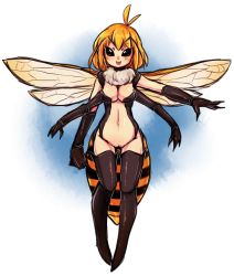Rule 34 | 1girl, :d, antennae, arthropod girl, bee girl, black eyes, blush, extra arms, fang, fewer digits, full body, insect girl, insect wings, kai himo, looking at viewer, monster girl, navel, no feet, no pupils, nude, open mouth, orange hair, original, short hair, smile, solid eyes, solo, standing, wings