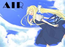Rule 34 | 00s, 1girl, :d, ^ ^, air (visual novel), blonde hair, blue dress, blue sky, blush, closed eyes, cloud, copyright name, day, dress, kamio misuzu, kanikama, long hair, open mouth, outstretched arms, ponytail, puffy short sleeves, puffy sleeves, short sleeves, sky, smile, solo, very long hair