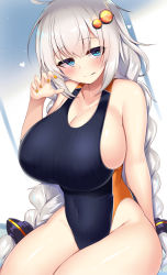 Rule 34 | 1girl, blue eyes, blush, braid, breasts, competition swimsuit, covered navel, dutch angle, hair between eyes, hair ornament, heart, heart-shaped pupils, highres, huge breasts, impossible clothes, impossible swimsuit, kizuna akari, kutan, long hair, looking at viewer, one-piece swimsuit, sideboob, silver hair, sitting, solo, swimsuit, symbol-shaped pupils, twin braids, twintails, very long hair, voiceroid
