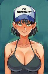 Rule 34 | 1girl, black camisole, black hair, breasts, camisole, cleavage, collarbone, earrings, fubuki (one-punch man), green eyes, hat, highres, jewelry, large breasts, medium hair, one-punch man, regular show, ribosoma 42, smile, solo, upper body