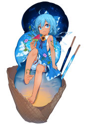 Rule 34 | 1girl, ahoge, bare arms, bare legs, barefoot, bloomers, blue bow, blue dress, blue eyes, blue hair, bow, cirno, cloud, dress, feet, flower, food, full body, hair between eyes, hair bow, hand up, highres, holding, ice, ice cream, ice cream cone, ice wings, knee up, looking at viewer, morning glory, open mouth, popsicle, red ribbon, ribbon, sankyaku tako, short hair, simple background, sitting, sky, sleeveless, sleeveless dress, solo, star (sky), starry sky, sunflower, tan, tanned cirno, toenails, touhou, transparent wings, triple scoop, underwear, watermelon bar, white background, wings
