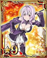 Rule 34 | 10s, 1girl, black thighhighs, breasts, card (medium), cleavage, hand on own hip, holding, holding sword, holding weapon, large breasts, leaning forward, long hair, looking at viewer, mole, mole on breast, purple hair, red eyes, smile, solo, strea (sao), sword, sword art online, thighhighs, weapon