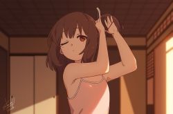Rule 34 | 1girl, anime coloring, armpits, arms up, bare arms, bare shoulders, blurry, blurry background, brown eyes, brown hair, camisole, closed mouth, commentary request, depth of field, hair tie, headgear, highres, one eye closed, pink camisole, shade of trees, side ponytail, signature, solo, touhoku kiritan, tying hair, upper body, voiceroid