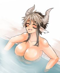 Rule 34 | 10s, 1girl, :d, alternate breast size, animal ears, bathing, blush, breasts, brown hair, cathyl, closed eyes, collarbone, cow ears, cow girl, cow horns, facial mark, female focus, gradient background, horns, large breasts, long hair, minotaur, monster girl, monster musume no iru nichijou, multicolored hair, nude, open mouth, partially submerged, shiny skin, smile, solo, twrlare, upper body, water